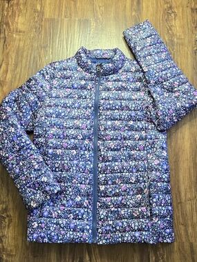 Lands End Purple Floral Packable Puffer Jacket Kids Large 14-16, Girls